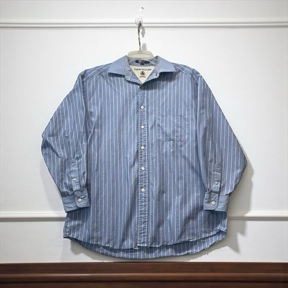 Tommy Hilfiger Shirt Mens 16/33 Blue Striped Button Down Long Sleeve Vintage